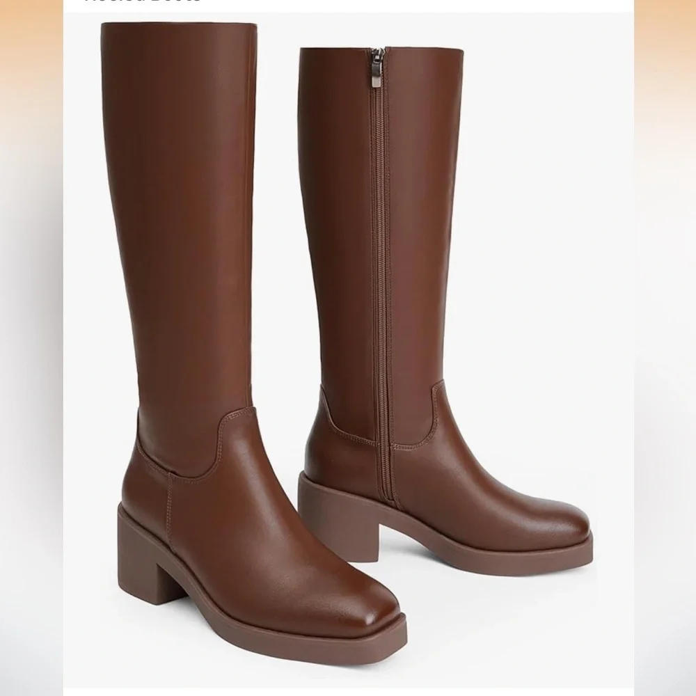 NWOT Brown Knee-High Platform Square Toe Chunky Heel Women's Boots 8.5